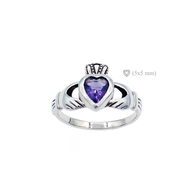 Claddagh birthstone ring for February amethyst