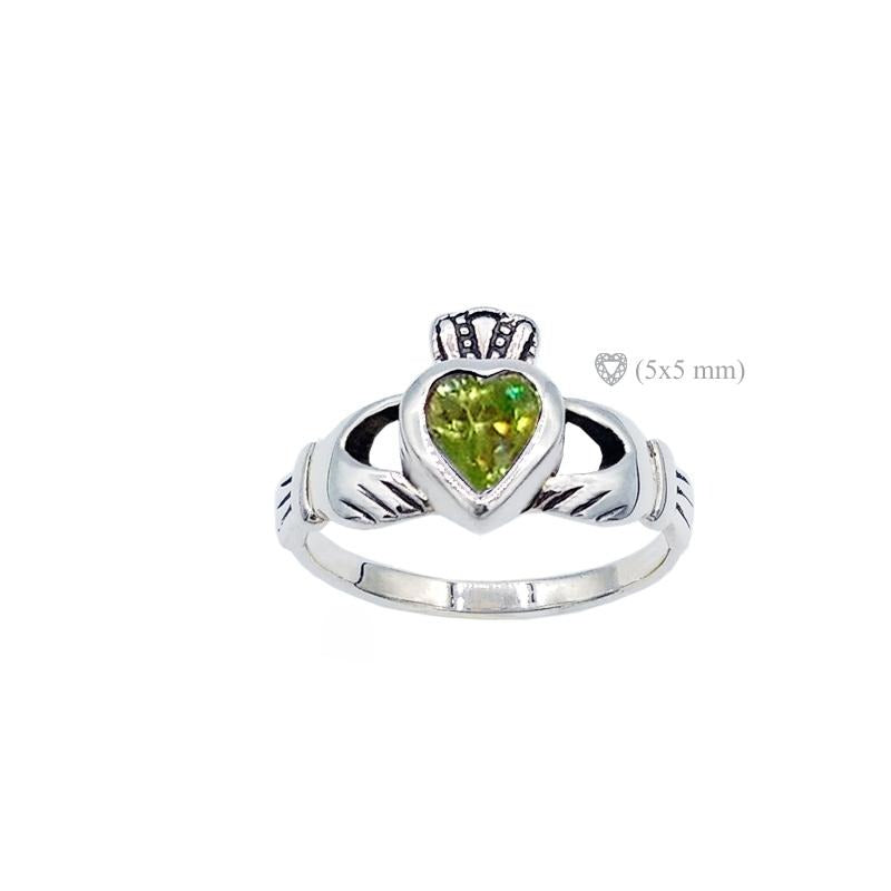 Claddagh ring with august birthstone peridot