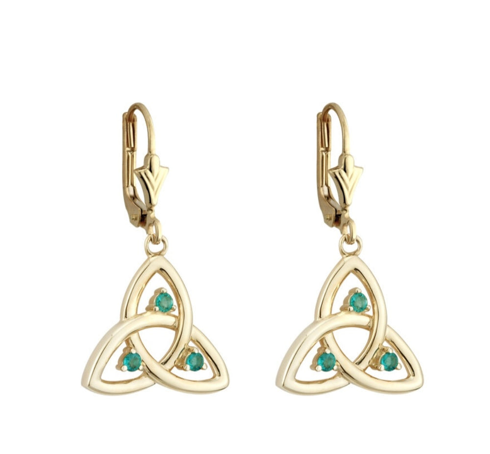 14 ct gold Emerald Trinity knot drop earrings